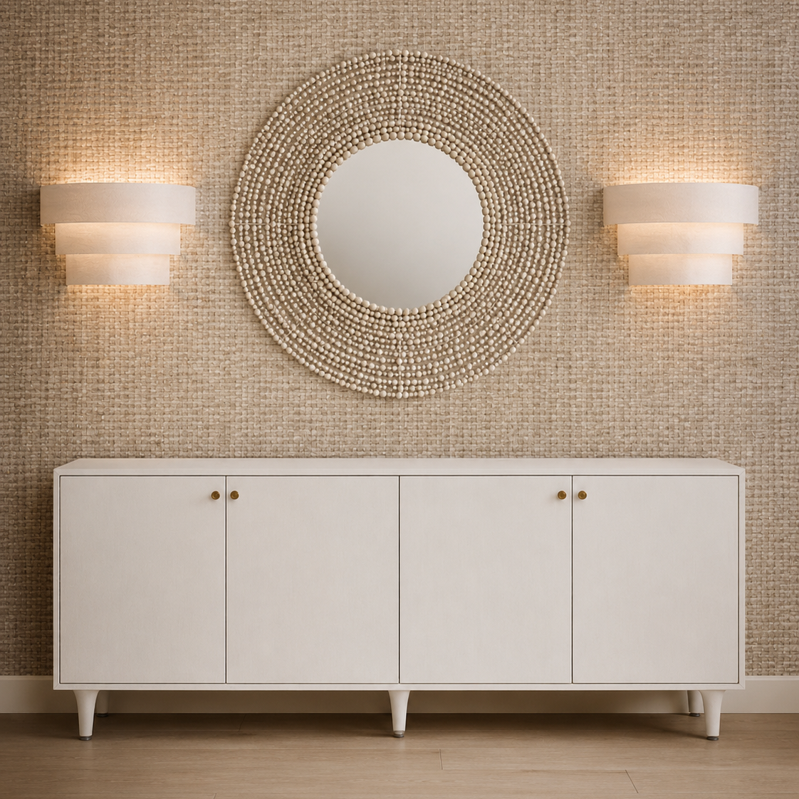 A white sideboard cabinet with four doors and small brass knobs, set against a textured beige wall. Above it is a large circular mirror with a beaded frame, flanked by two lit wall sconces.