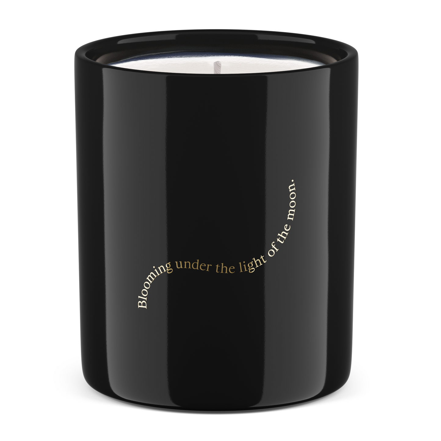 Black candle with text on a white background