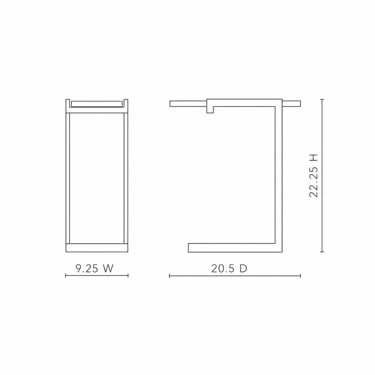 Technical dimension diagram of a rectangular wall-mounted fixture, showing front and side profile views with measurements 9.25 W, 20.