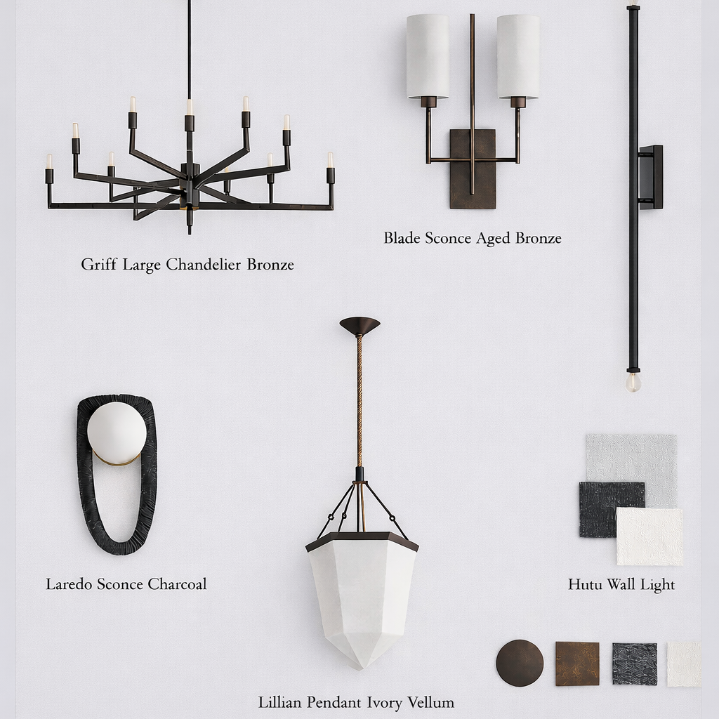 Collection of Clayton Gray Home lighting fixtures on a white background with brand logo.