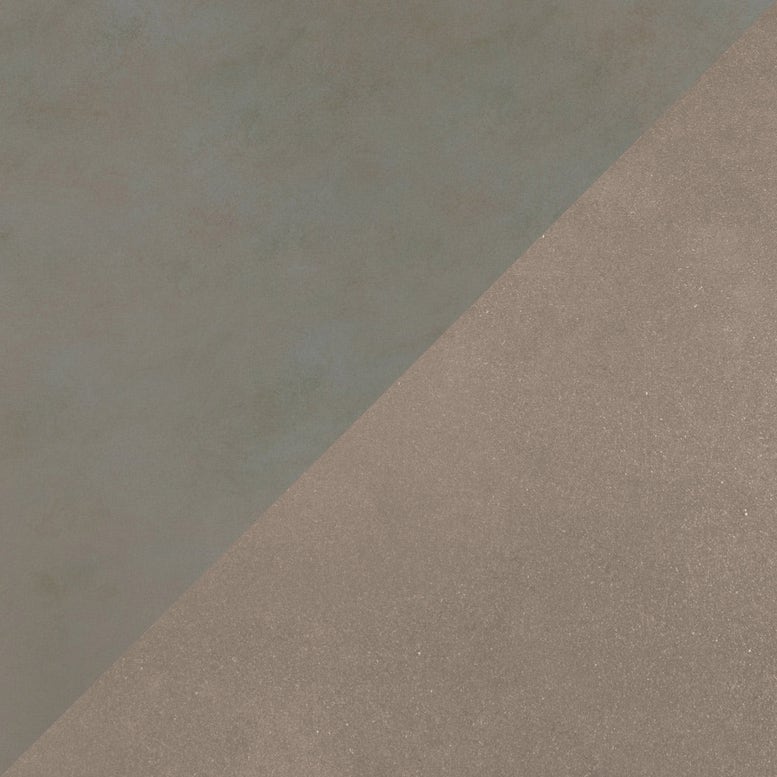 A close-up of a textured surface split diagonally into two tones: a muted sage green on the upper left and a warm taupe-beige on the lower right.