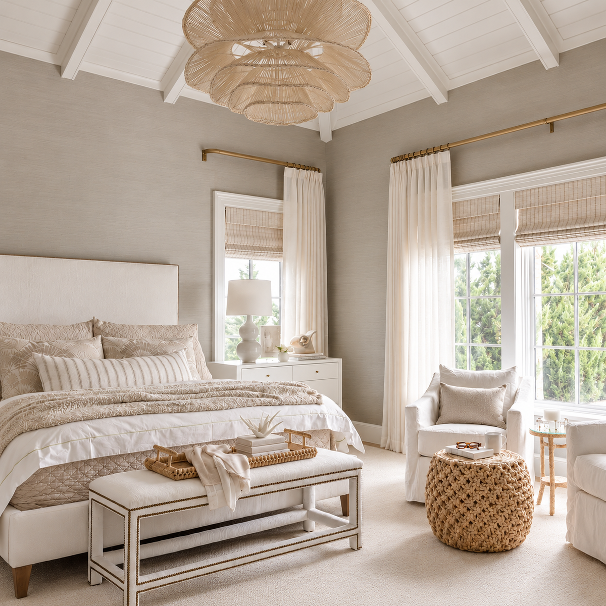 abaca side table styled in a neutral bedroom