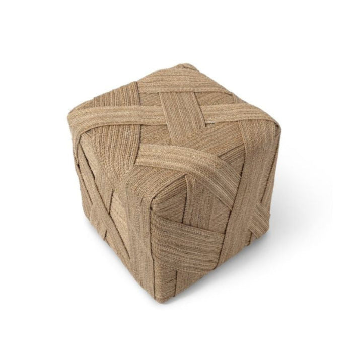 Brown woven cube ottoman on a white background