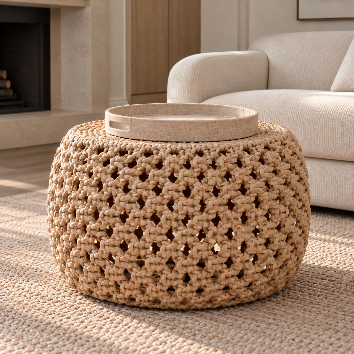 round tray on a coffee table styled
