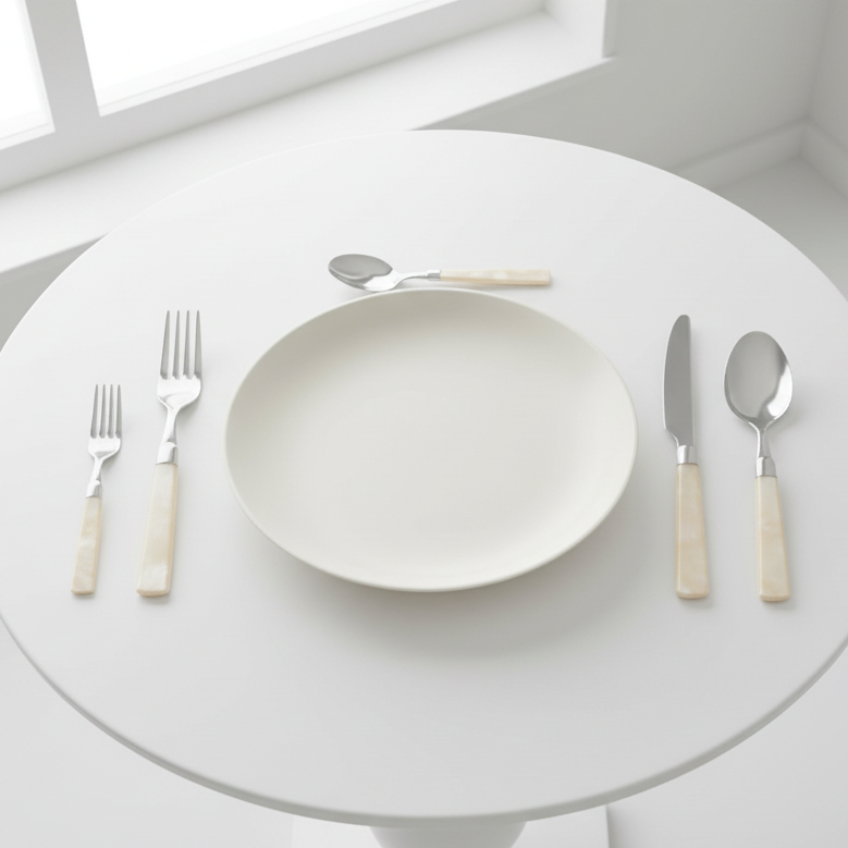 White ceramic plate with silverware on a white surface