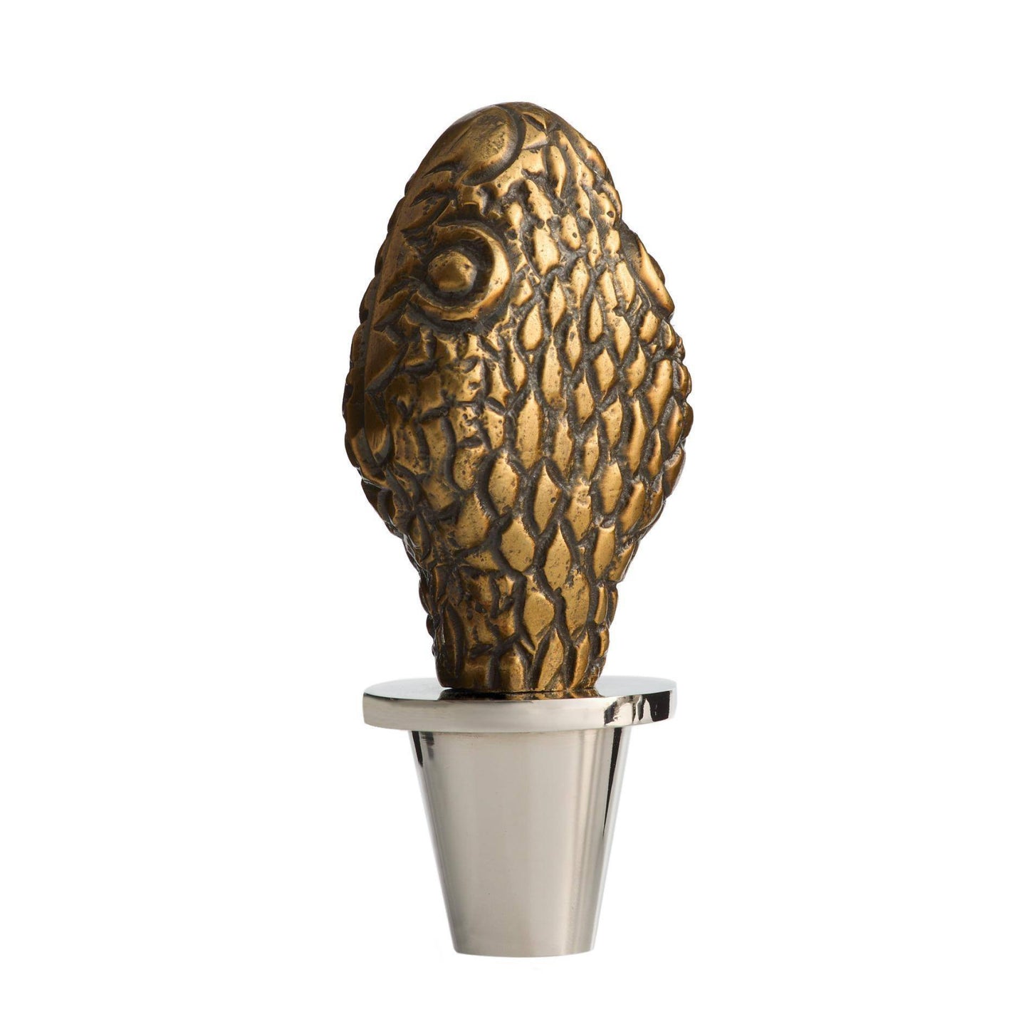 Bronze fish-shaped bottle stopper on a white background