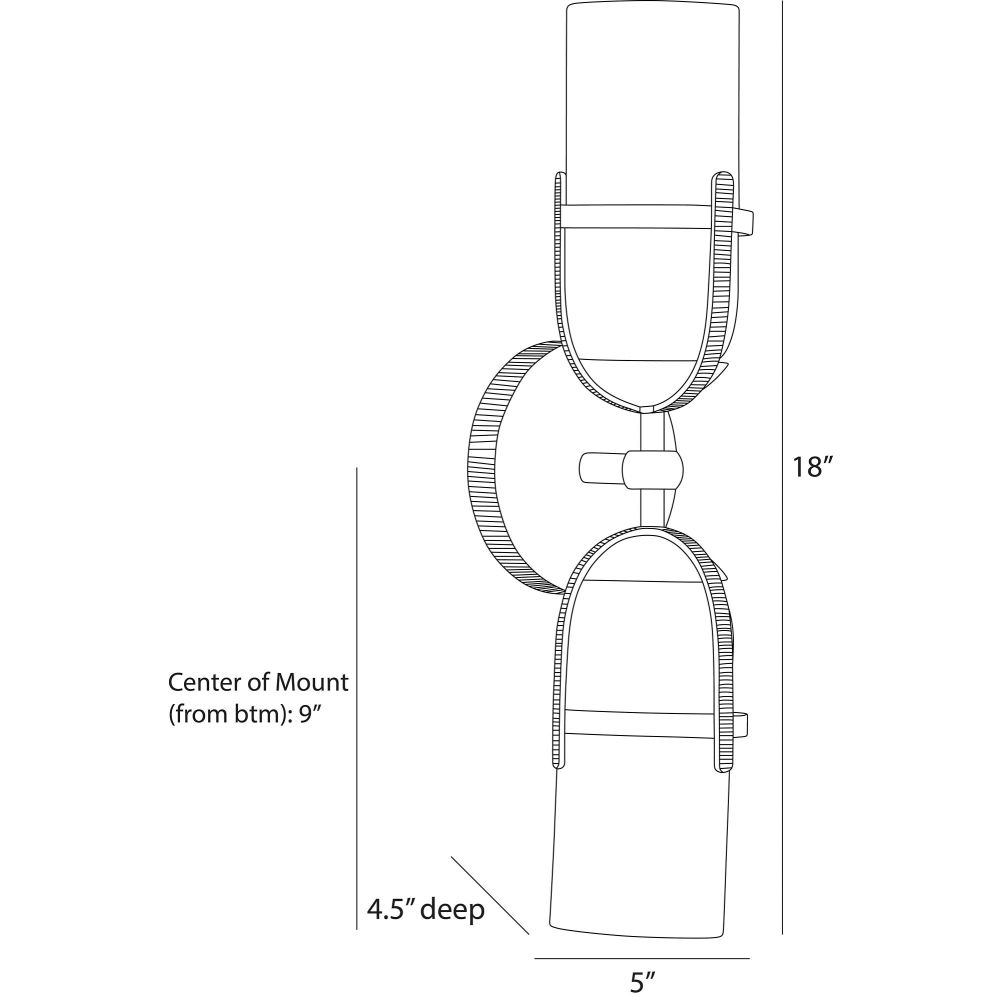 Technical drawing of a wall-mounted light fixture with dimensions labeled.