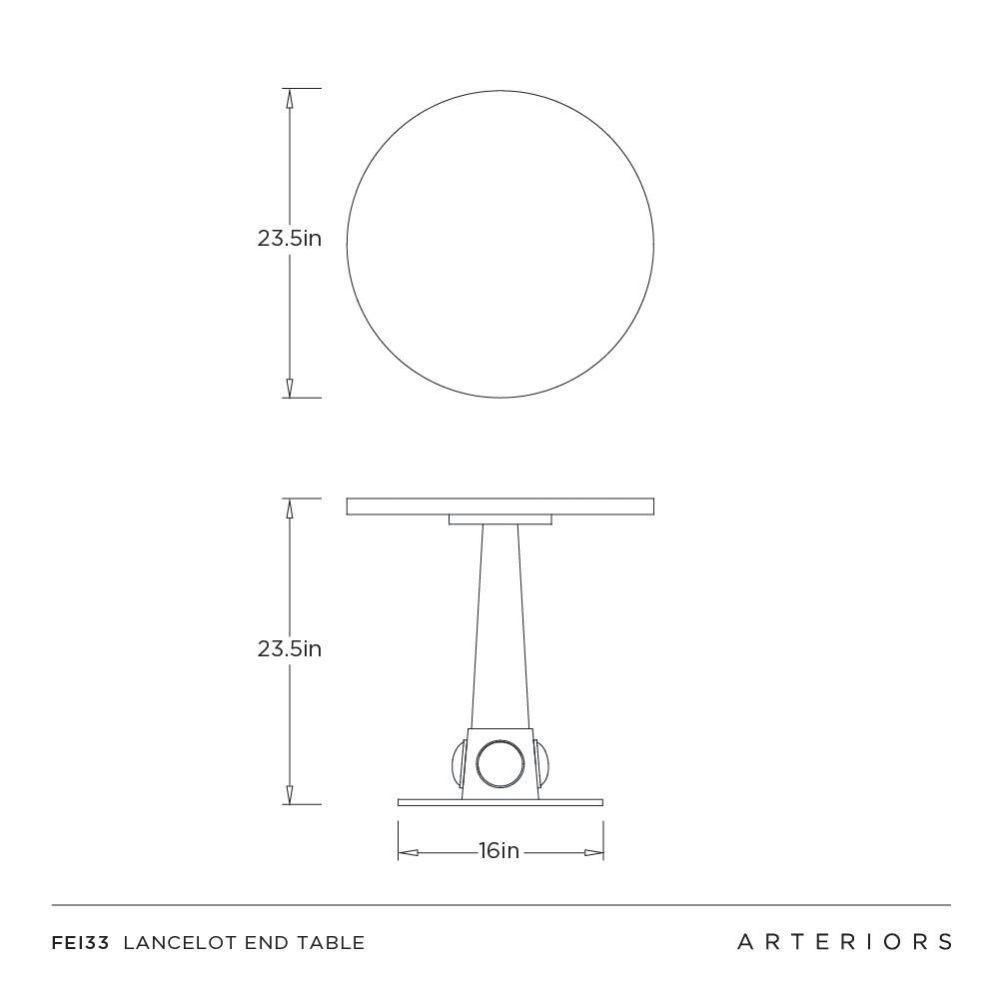 Technical drawing of a Lancelot end table with dimensions on a white background