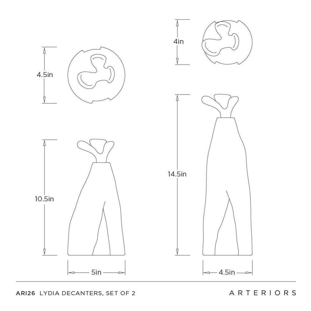 Technical drawing of Lydia decanters with dimensions and Arteriors branding.