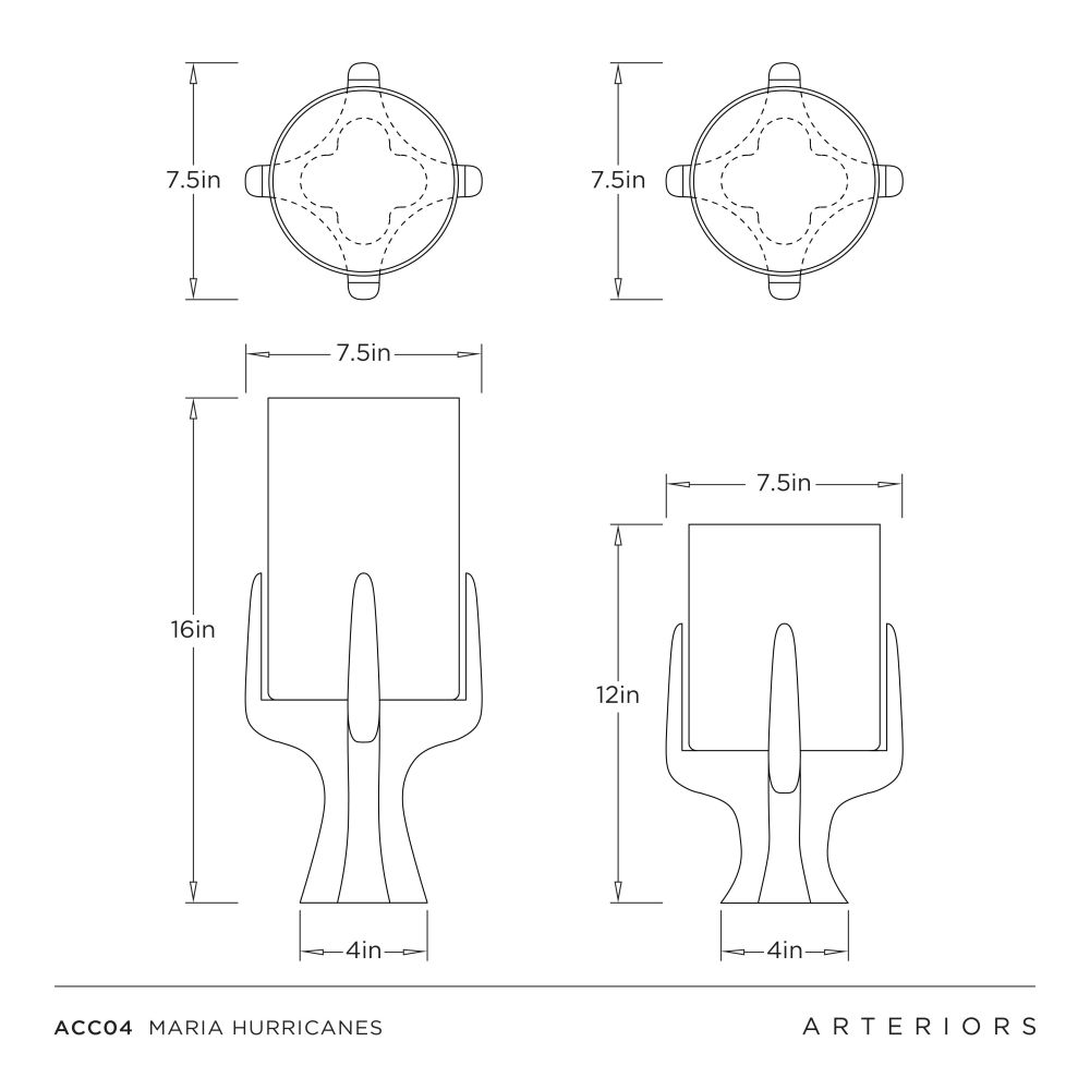 Technical drawing of Maria Hurricanes with dimensions labeled, featuring Arteriors brand.