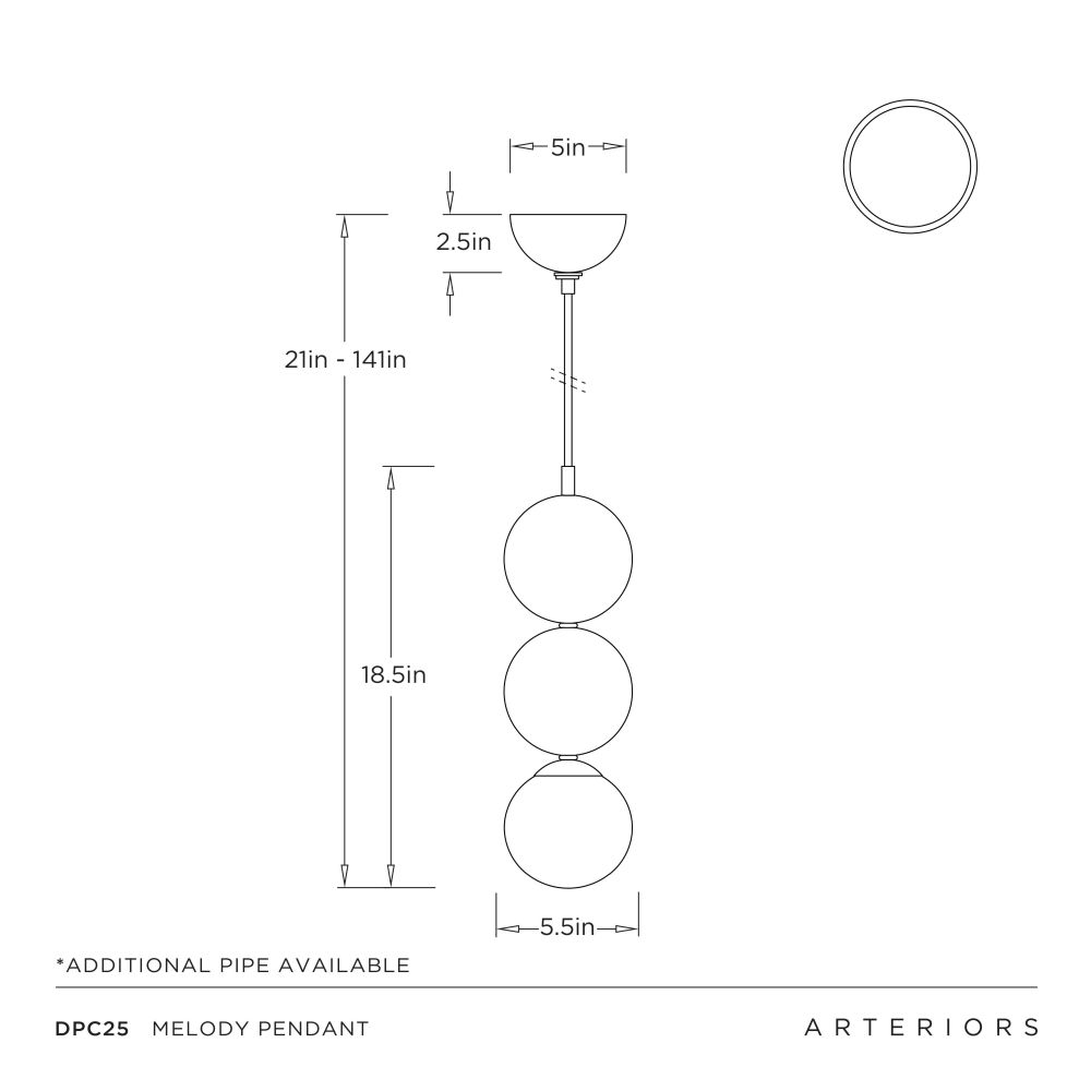 Technical drawing of a Melody pendant with dimensions and Arteriors branding.