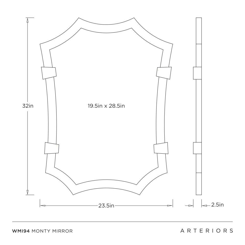 Technical drawing of a mirror with dimensions labeled