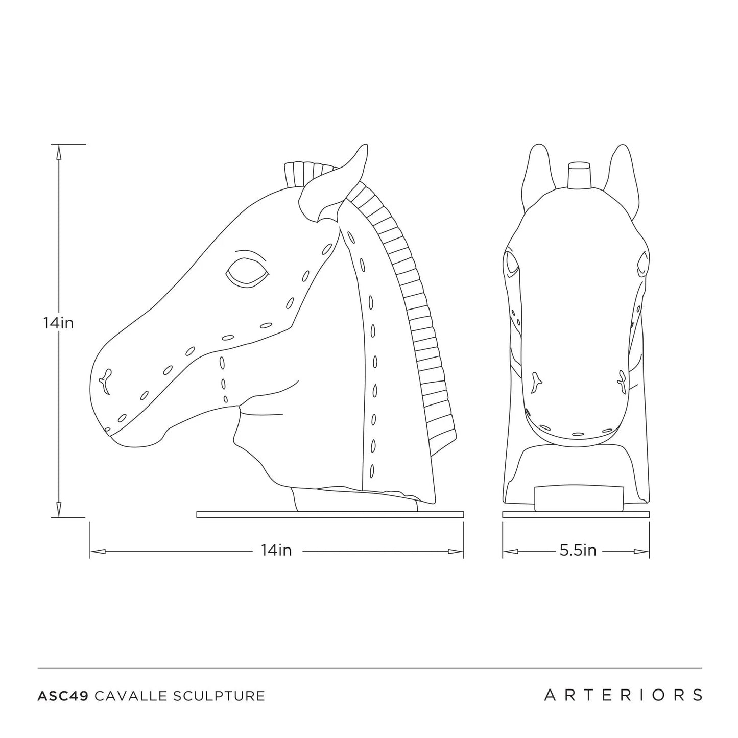 Technical drawing of a horse sculpture with dimensions and branding.
