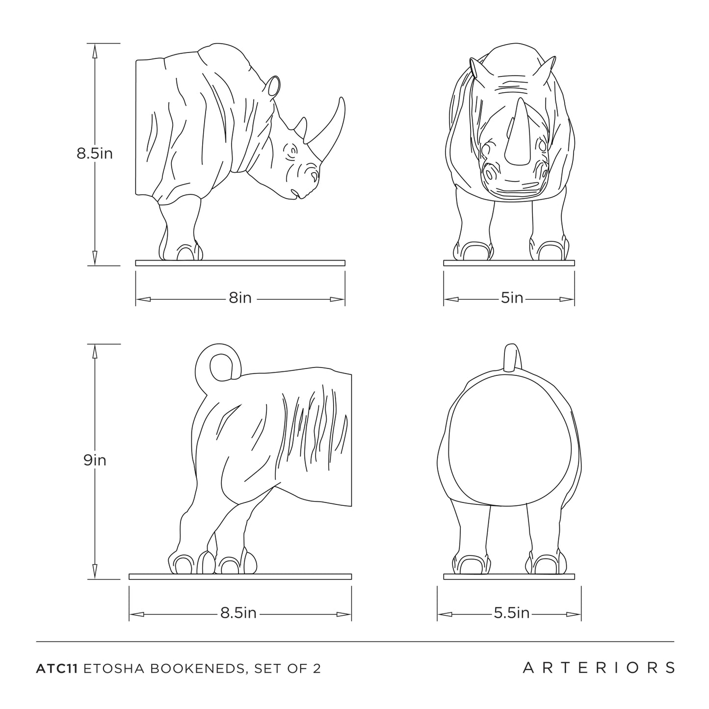 Black and white line art schematic showing two views of an Etosha bookened rhinoceros statue with dimensions labeled: side profile 8.5in tall by 8in wide, front view 9in tall by 5in wide, and rear view 9in tall by 5.