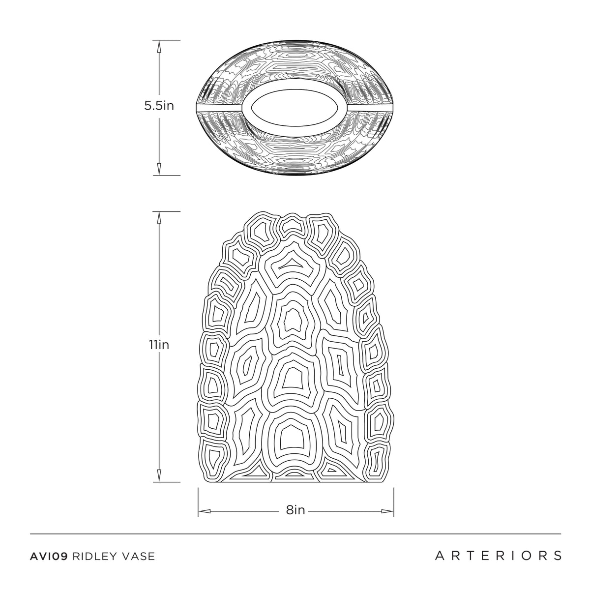Measurement chart for the Ridley Vase with dimensions and Arteriors branding.