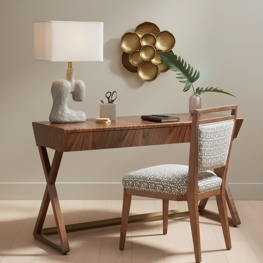Wooden desk with chair, lamp, and decorative items in a room setting.