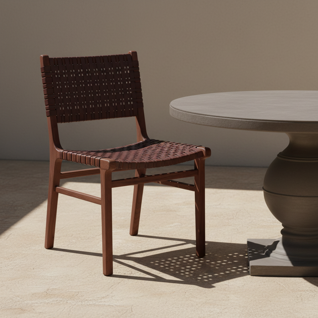 Wooden chair with woven seat and backrest next to a round stone table on a light-colored floor.