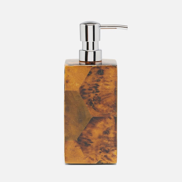 Soap dispenser with wooden finish and silver pump on a white background