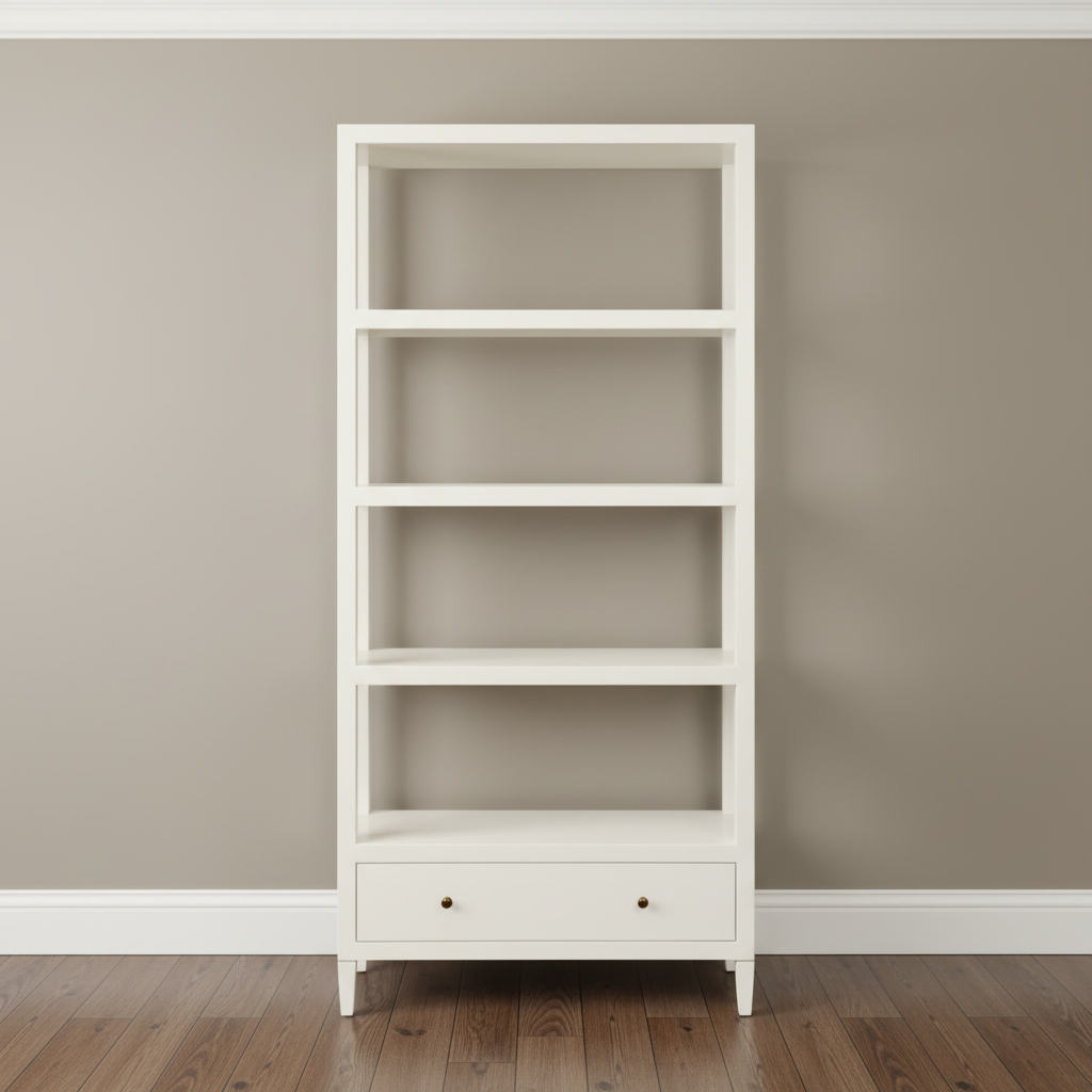 White bookshelf with a drawer against a beige wall.