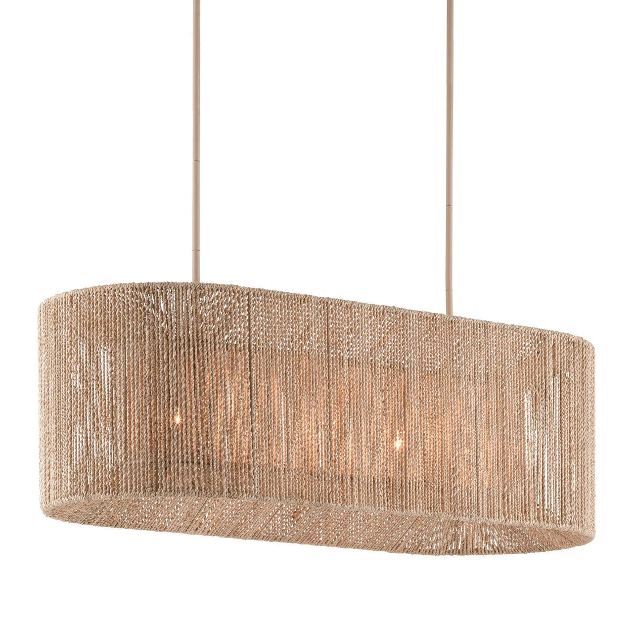 Beige pendant light with woven design on a white background