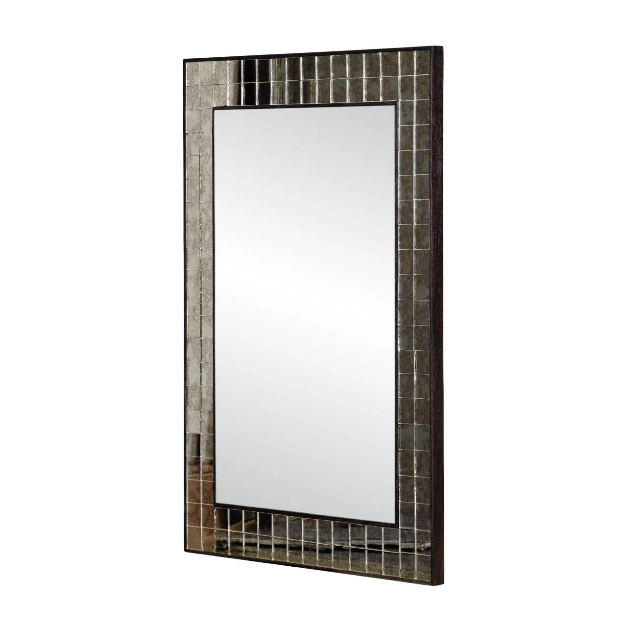 Rectangular mirror with a decorative brown frame on a white background