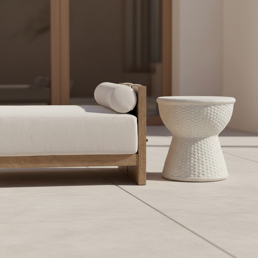 Modern outdoor furniture set with a sofa and textured side table on a neutral background