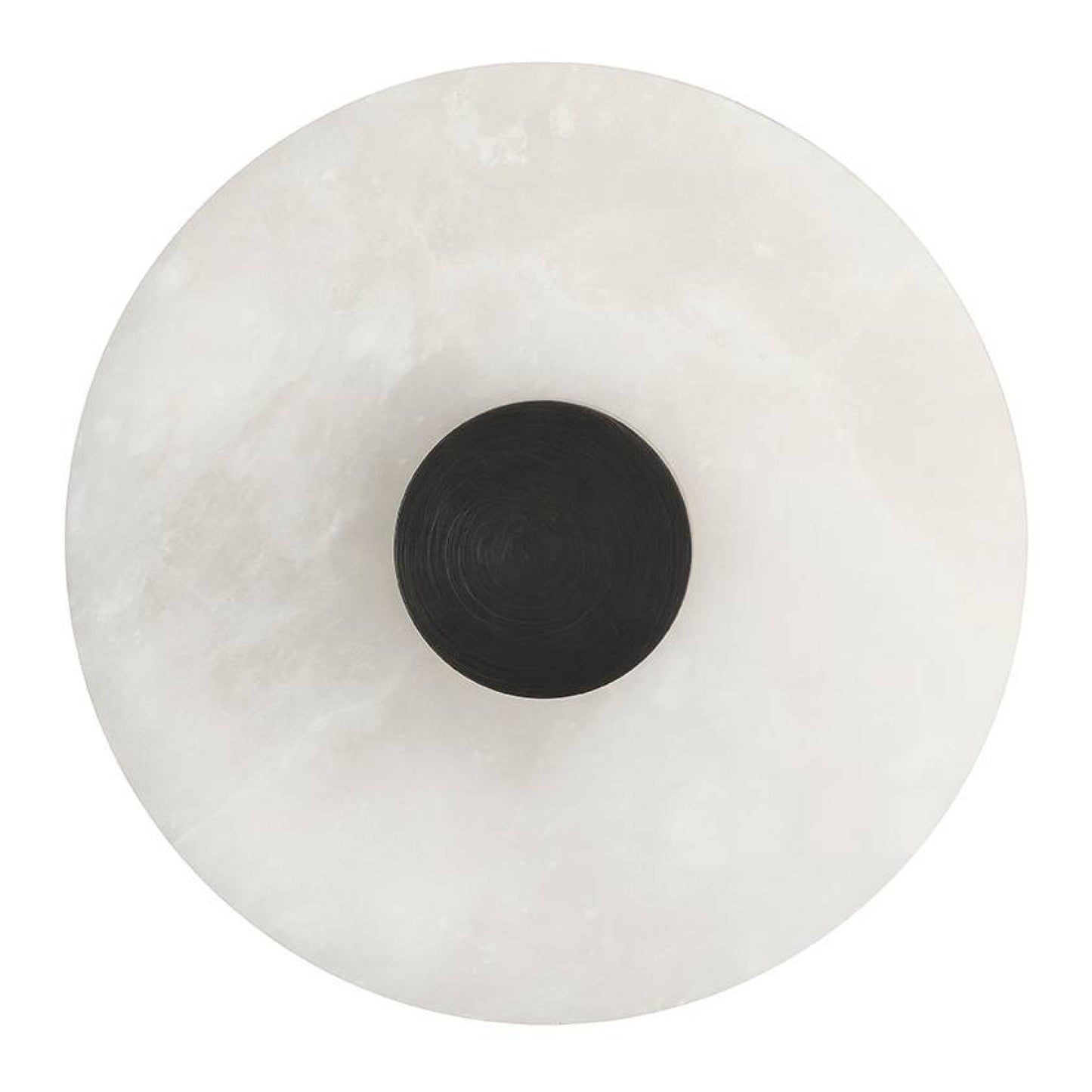 Round white object with a black center on a white background