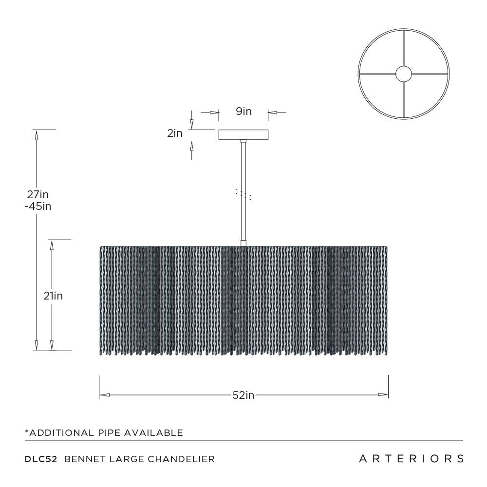 Measurement chart for a large chandelier with dimensions and Arteriors branding.