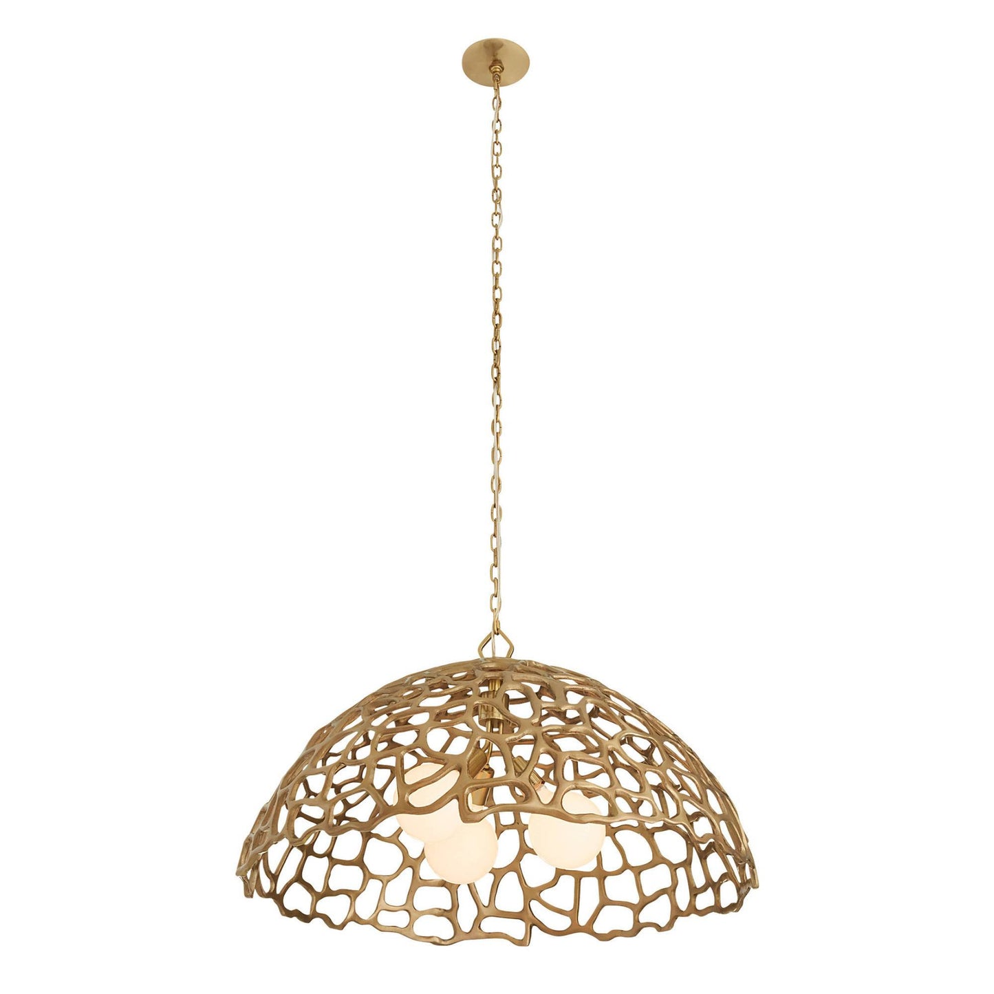 Gold pendant light with intricate design on a white background