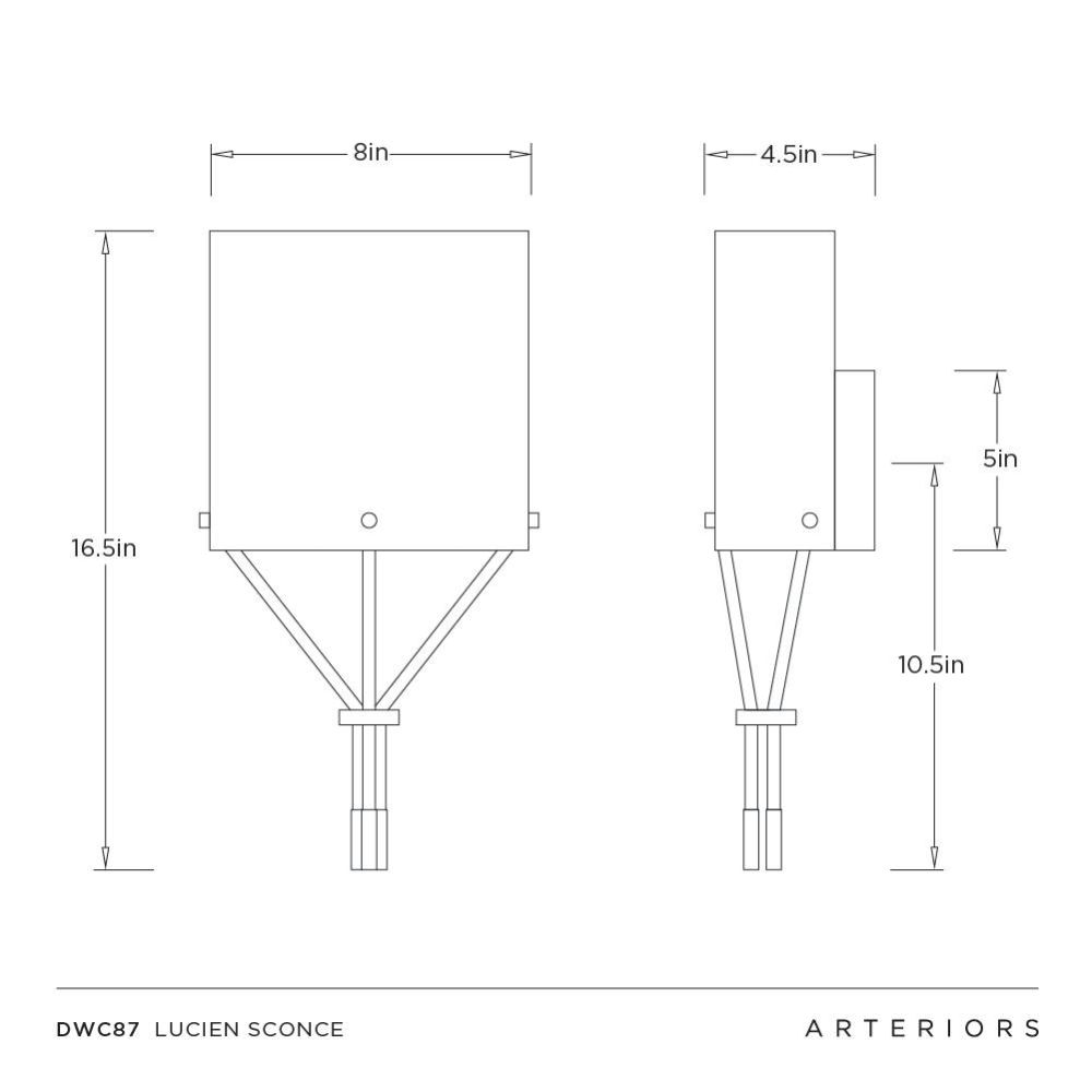 Technical drawing of a sconce with dimensions labeled, featuring the brand 'Arteriors'.