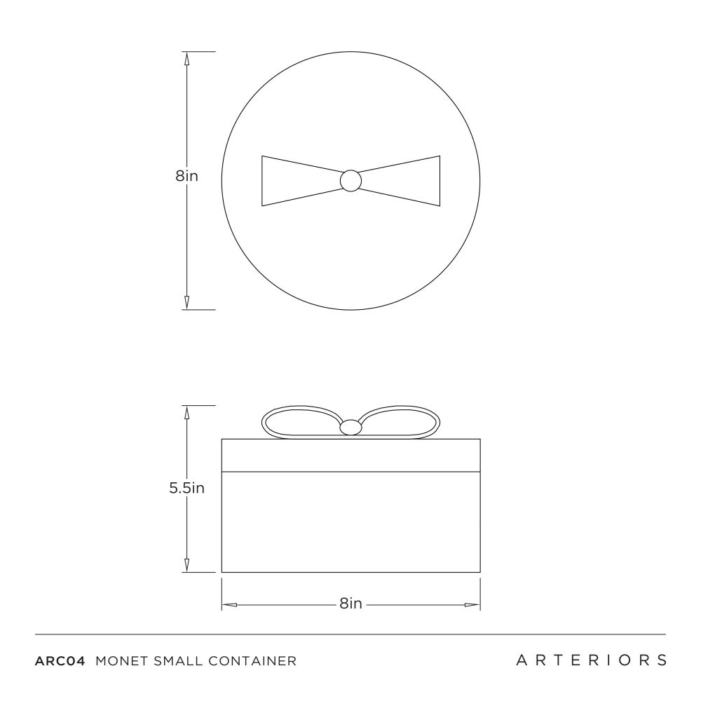 Technical drawing of a small container with dimensions and branding