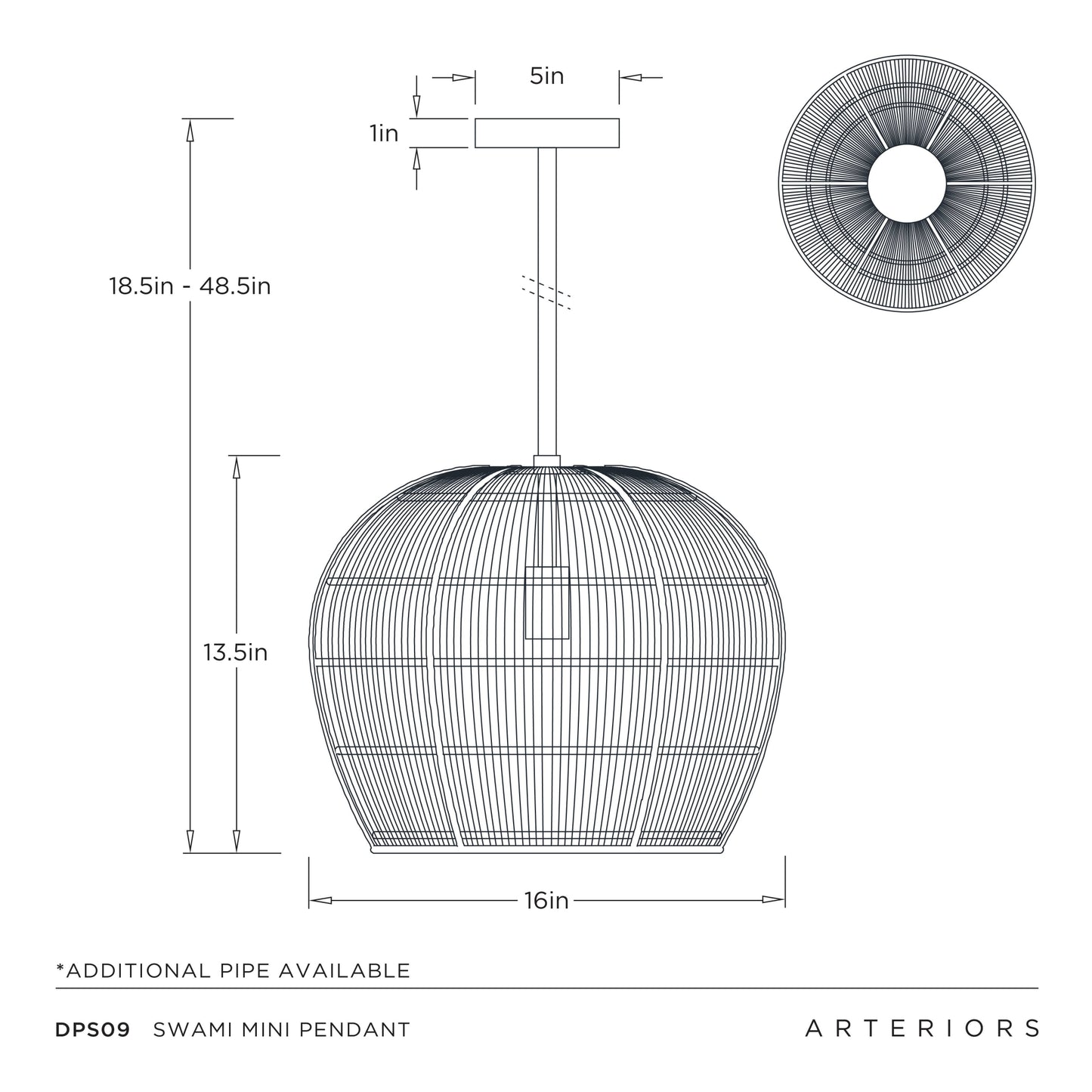 Technical drawing of a Swami Mini Pendant with dimensions and Arteriors branding.