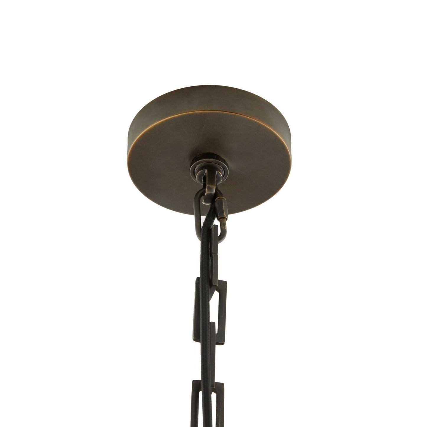 A close-up of a modern pendant light fixture showing a round ceiling canopy in a dark bronze finish with a thin gold accent ring, suspended by a matching dark metal chain against a plain white background.