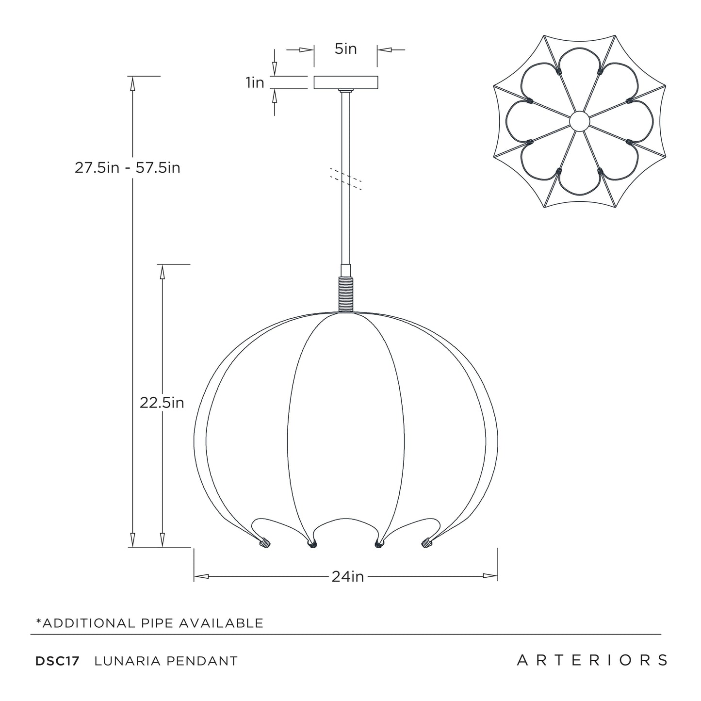 Technical drawing of a Lunaria pendant light with dimensions and Arteriors branding.