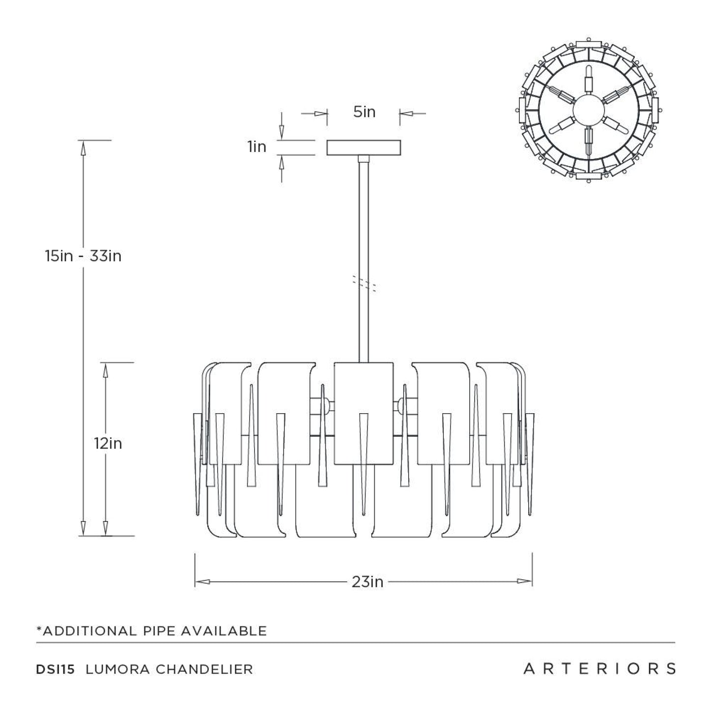 Technical drawing of a chandelier with dimensions and Arteriors branding.