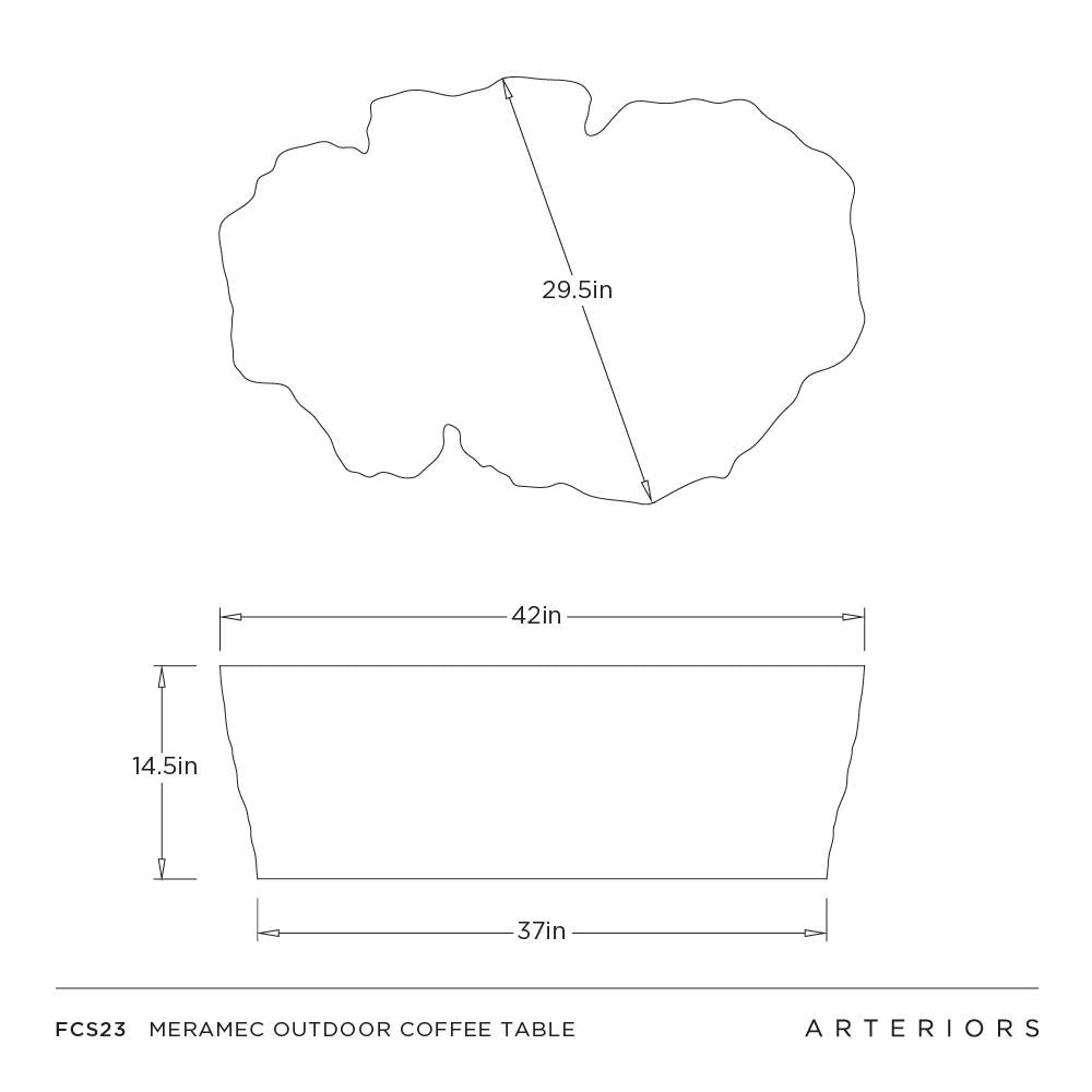 Technical drawing of a Meramec outdoor coffee table with dimensions