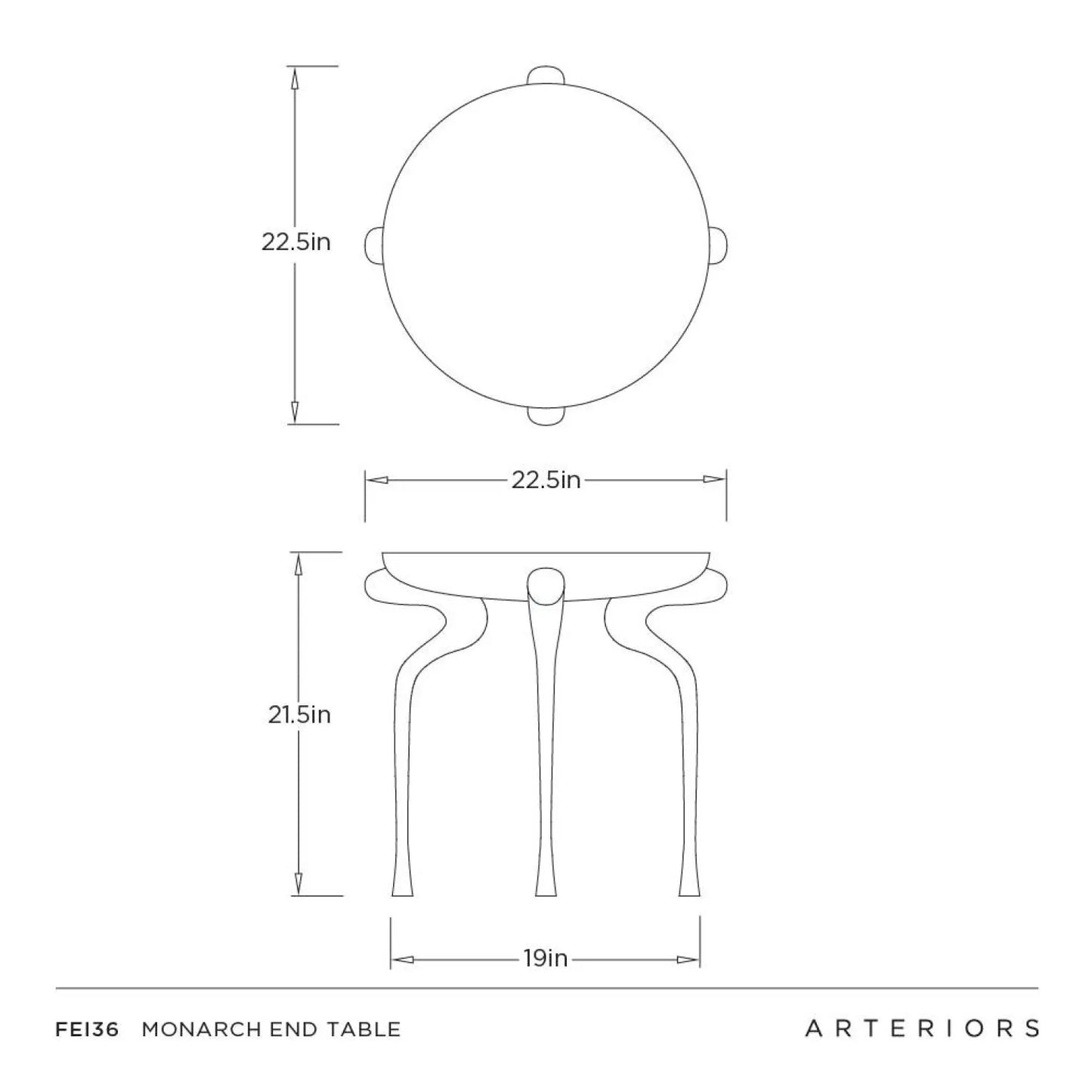 Technical drawing of a Monarch end table with dimensions labeled, featuring the brand 'Arteriors'.