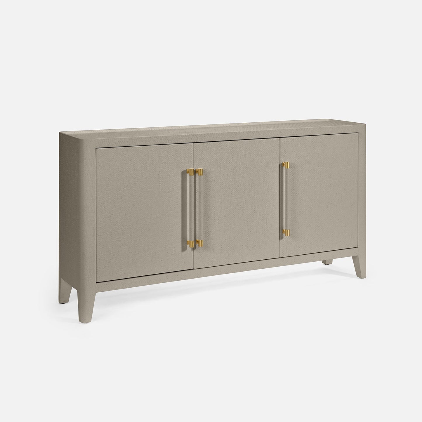 Gray sideboard with gold handles on a white background