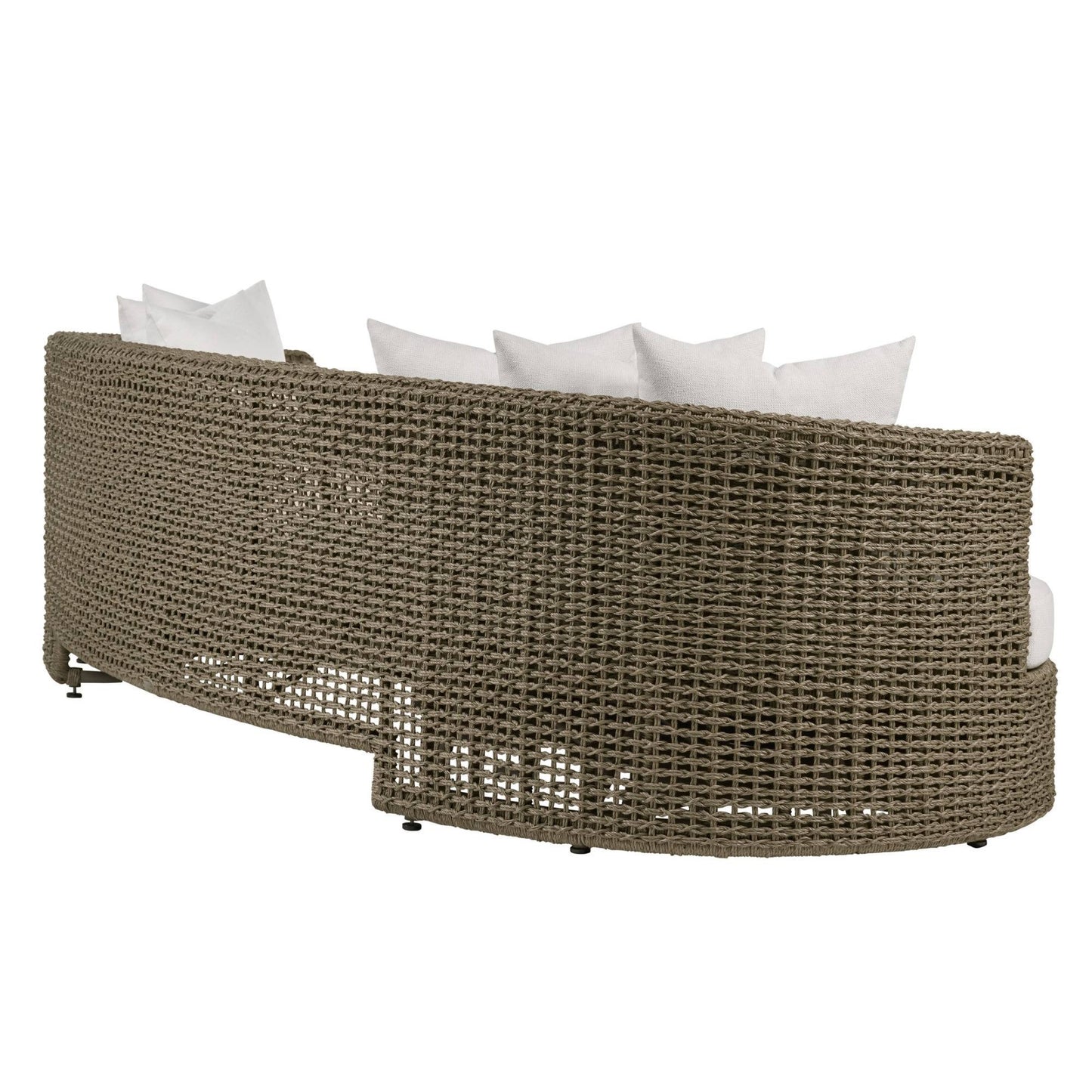 Woven outdoor sofa with white cushions on a white background
