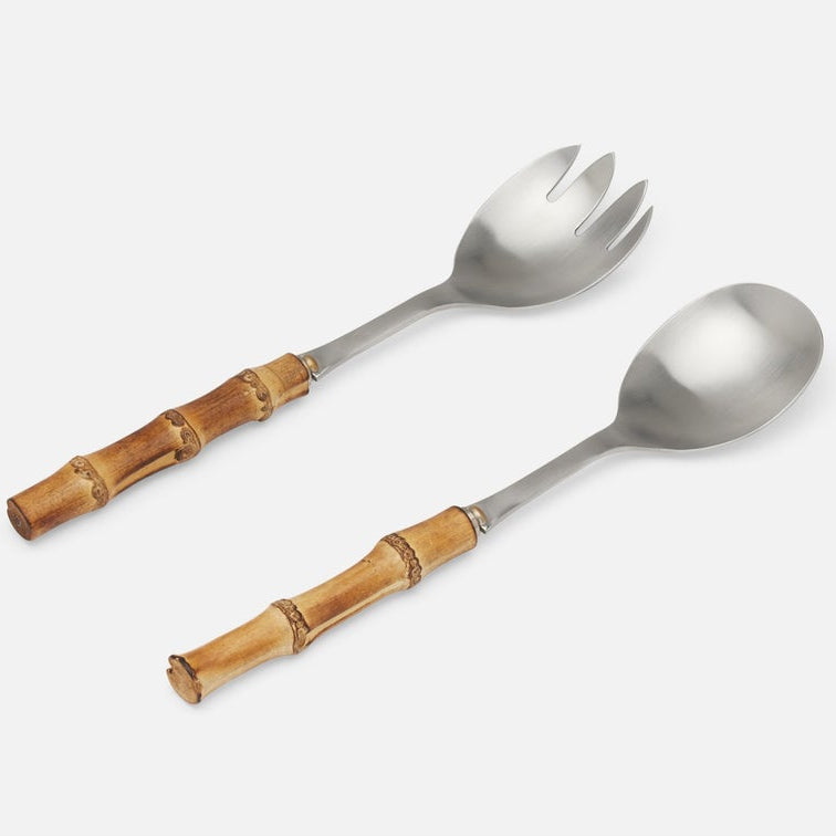 2 piece serving set with polished silver metal heads and warm brown wooden bamboo handles