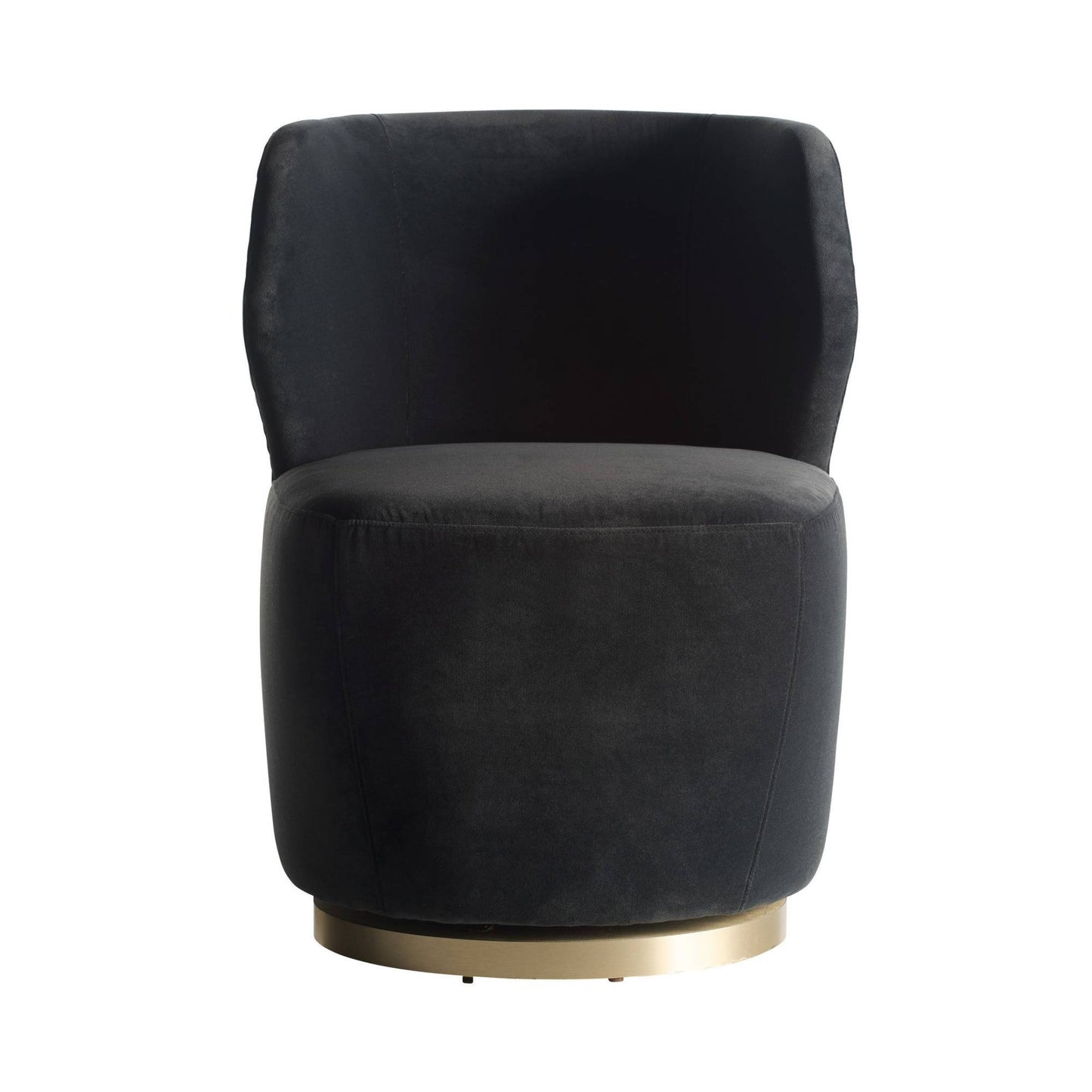 Gray upholstered chair with a gold base on a white background