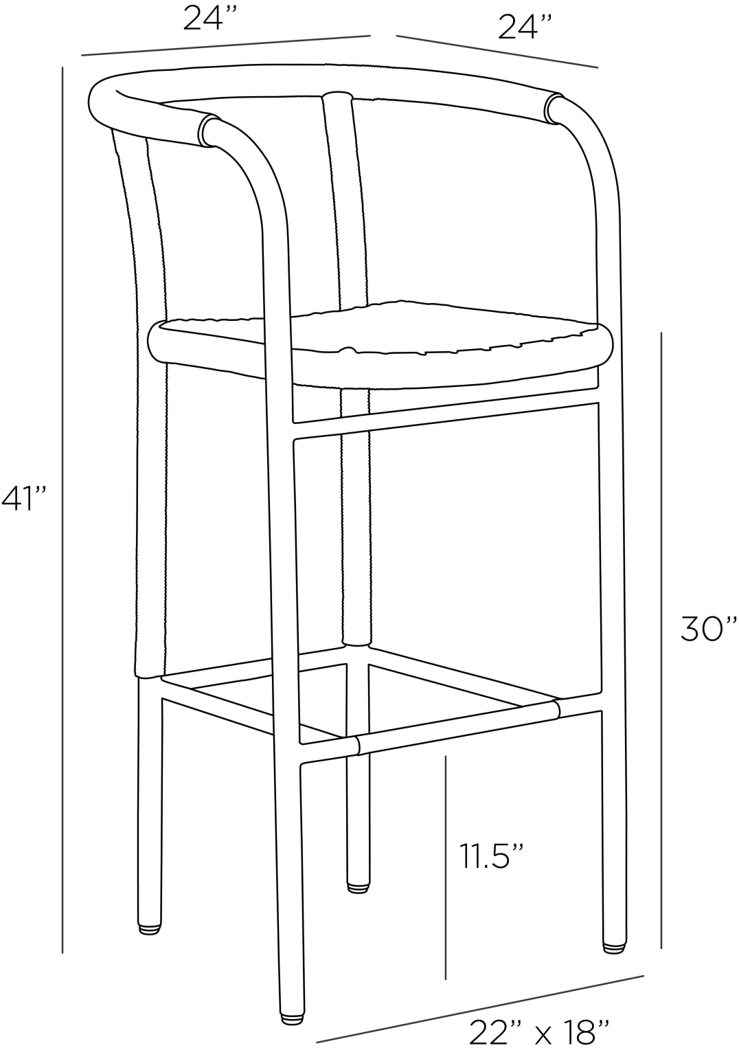 Black and white line drawing of a bar stool with dimension labels showing height, width, and depth measurements.