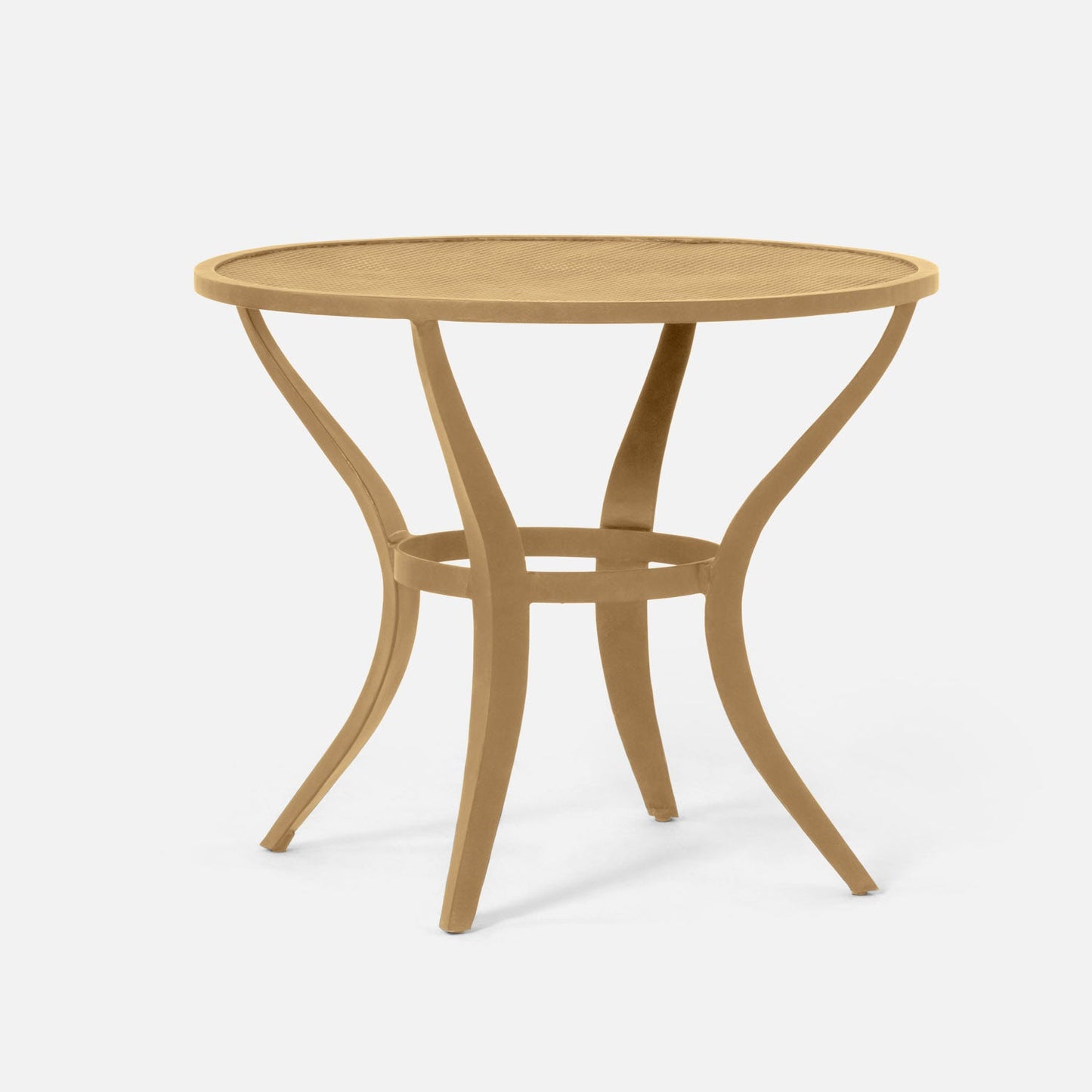 round gold metal table with curved legs on a white background