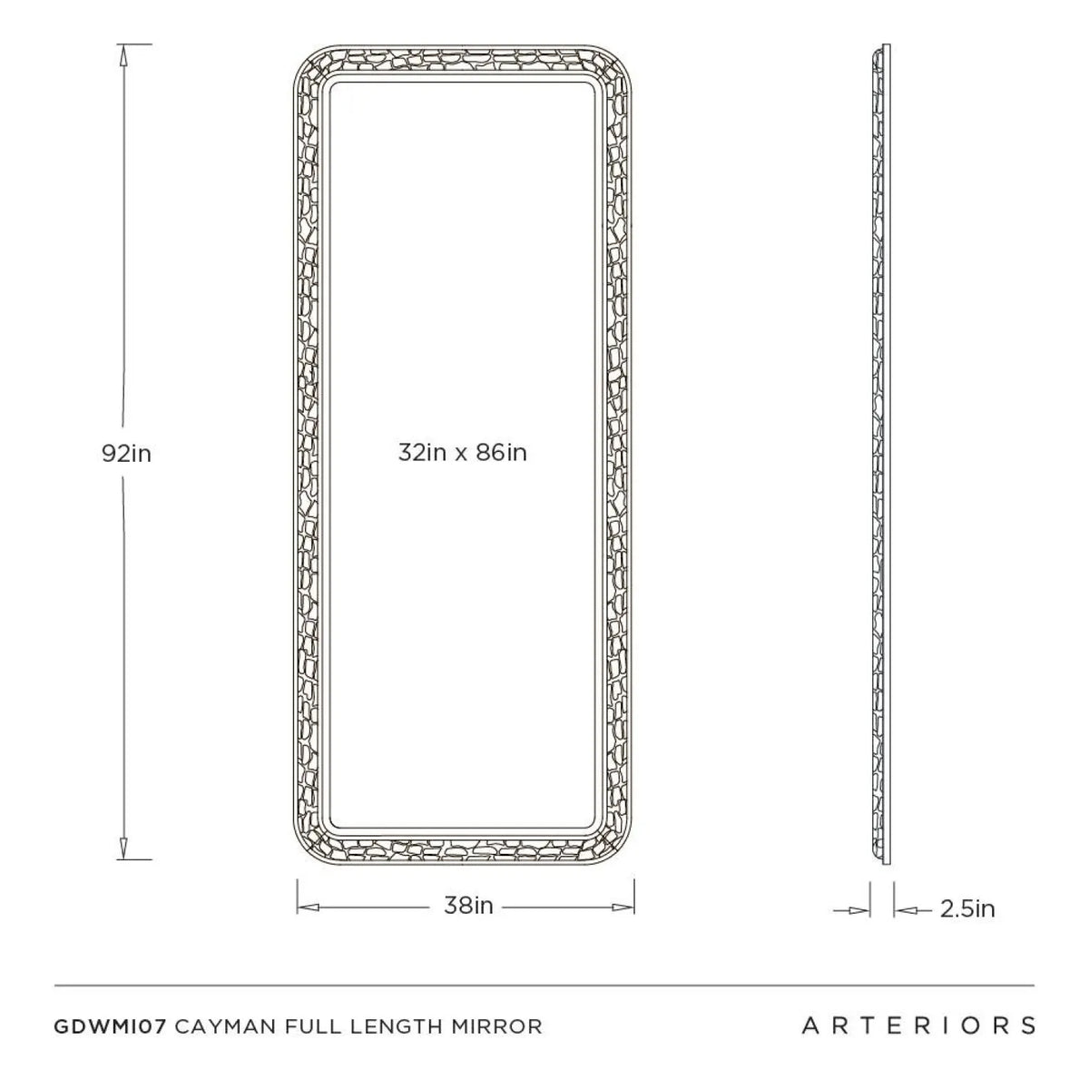 Dimensions of a full-length mirror with Arteriors branding