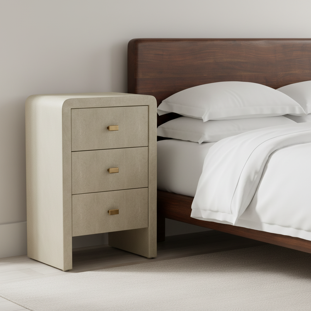 Beige nightstand with three drawers next to a bed with white bedding. octavia bed fh