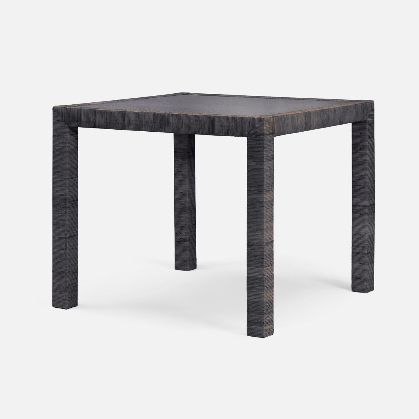 Square table with dark wood finish on a white background