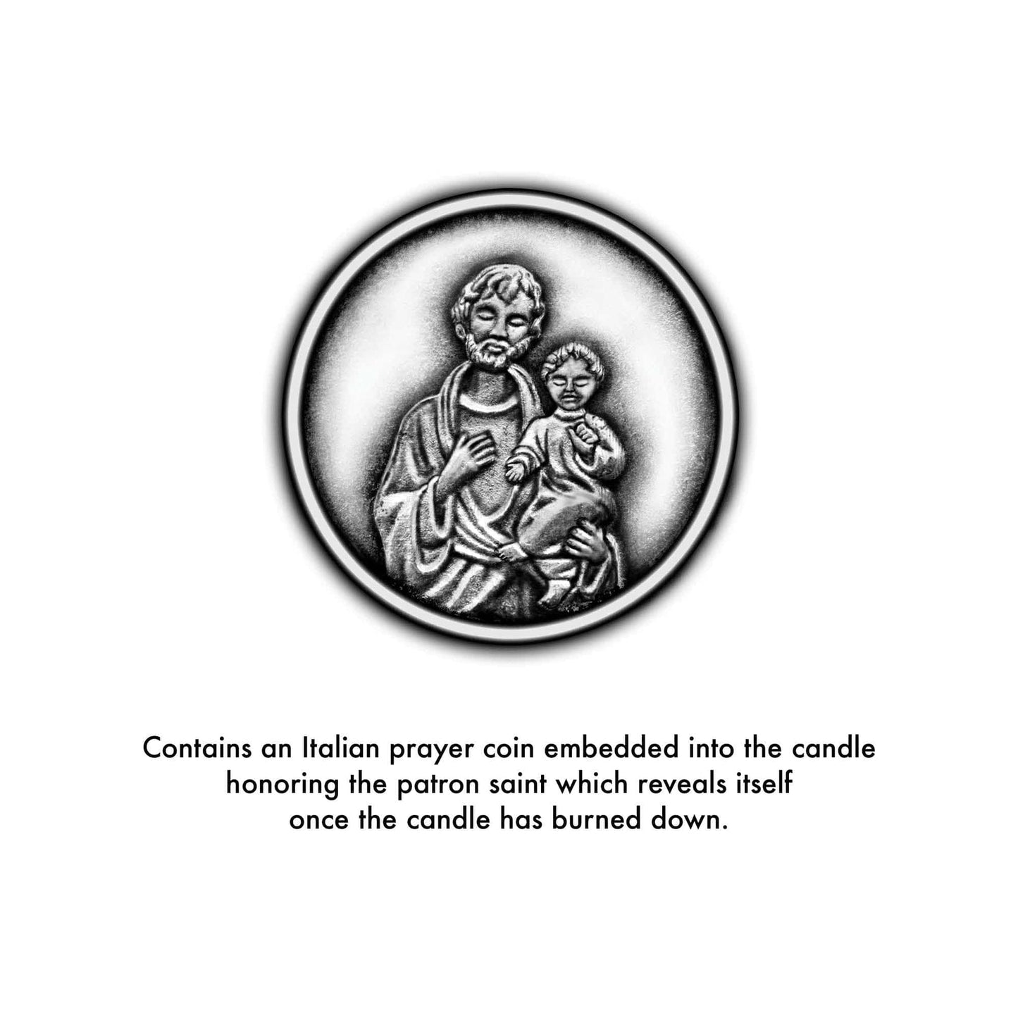 Decorative candle with an embedded Italian prayer coin featuring a religious design.