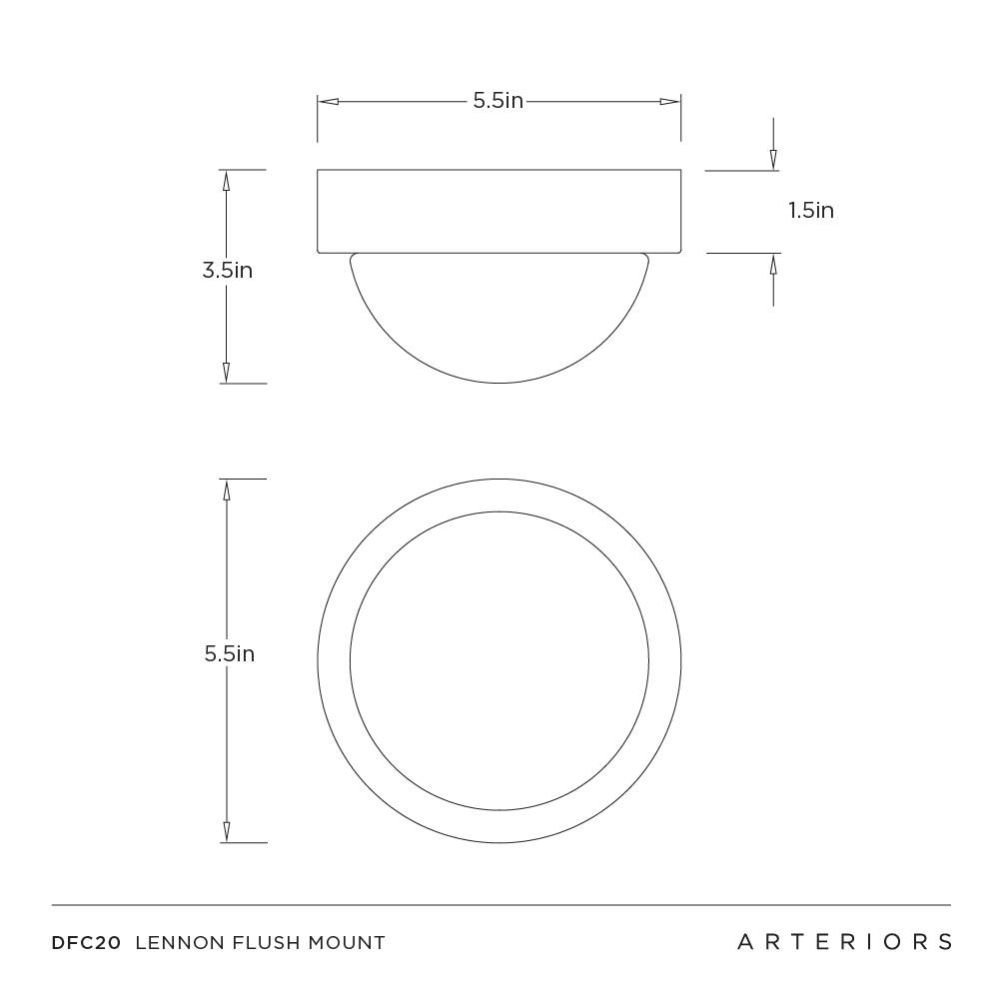 Technical drawing of a flush mount light fixture with dimensions labeled, branded 'Arteriors'.