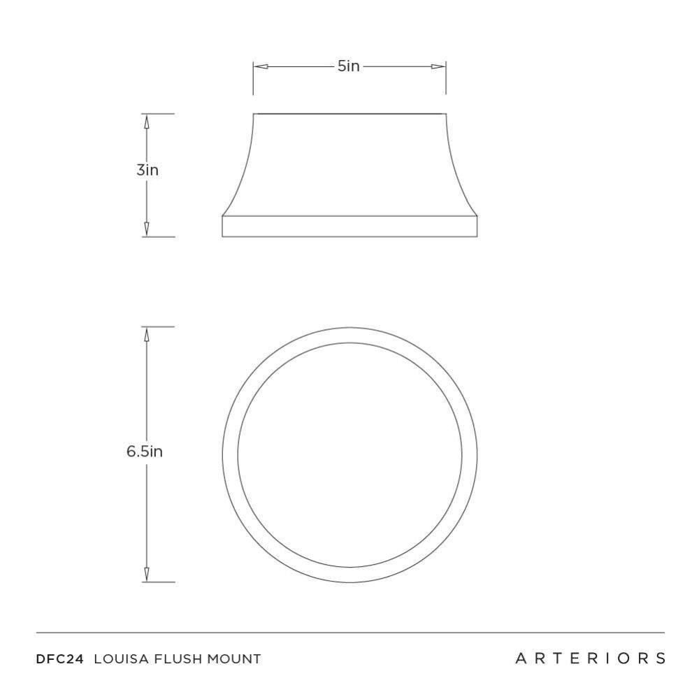 Technical drawing of a Louisa Flush Mount with dimensions and Arteriors branding.