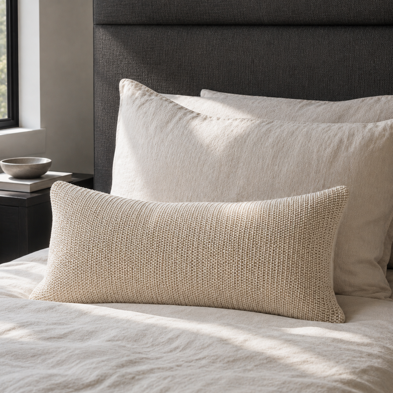 A textured cream knit lumbar pillow resting on a bed with white linens and a dark gray upholstered headboard, with soft natural light filtering in from a window.